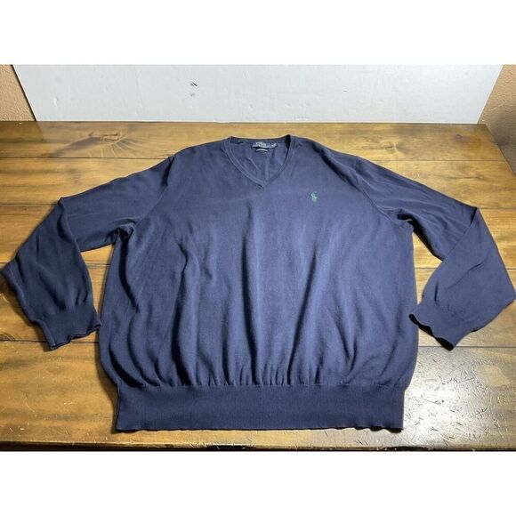 Polo Ralph Lauren Sweater Mens 2XL Blue V-Neck Pullover Pima Cotton - Picture 1 of 8